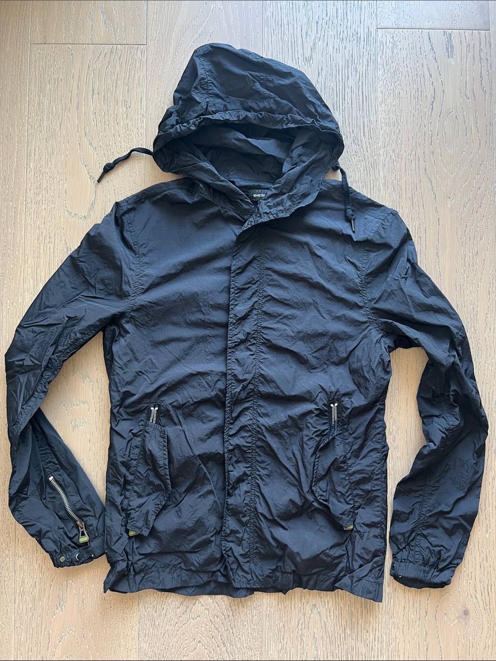 Diesel Black Hooded Windbreaker with Zip Pockets